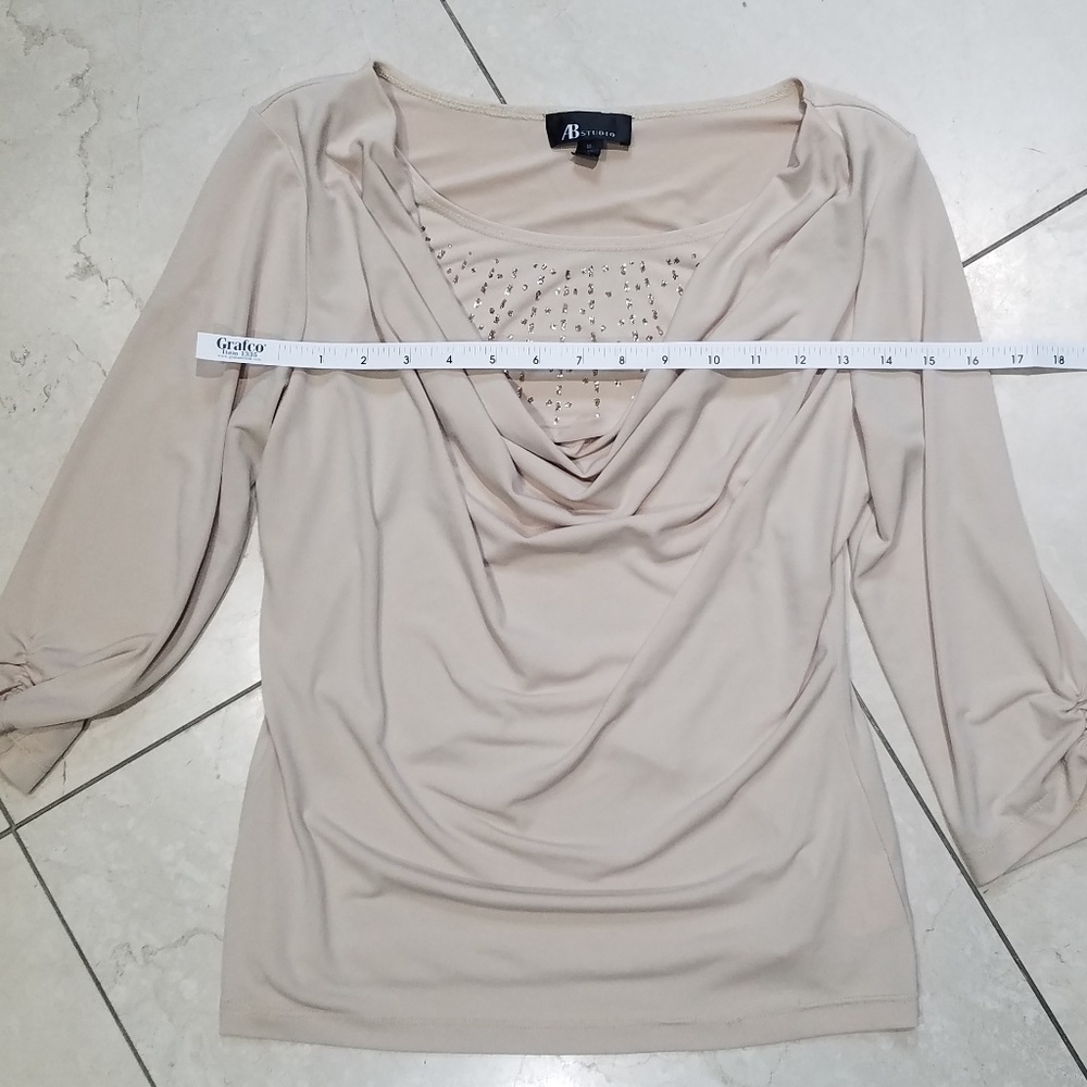 Beige Layered Blouse w Cowl Neck and Gold Accent